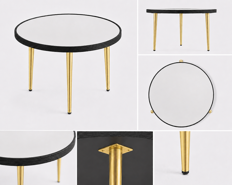 Thumbnail: Round Mirror Coffee Table – Black Wooden Frame & Gold Cone Legs