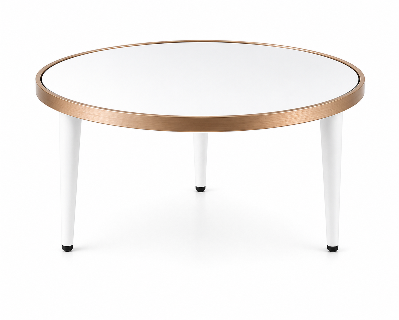 Round Mirror Coffee Table – Gold Metal Frame & White Cone Legs
