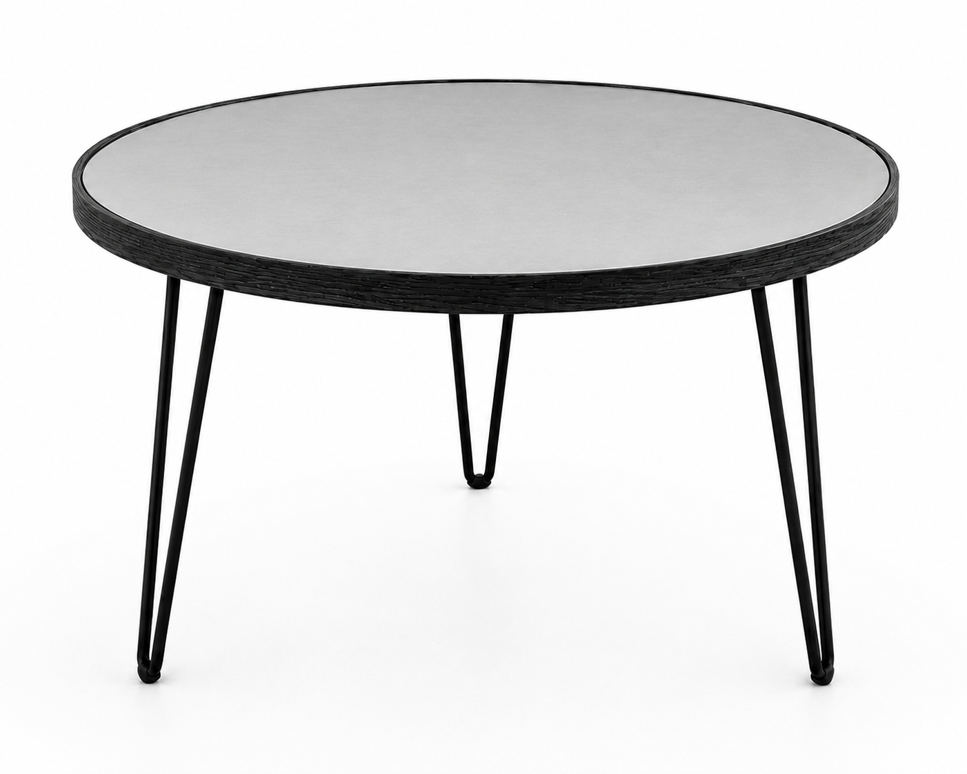 Round Mirror Coffee Table – Black Wooden Frame & Black Hairpin Legs