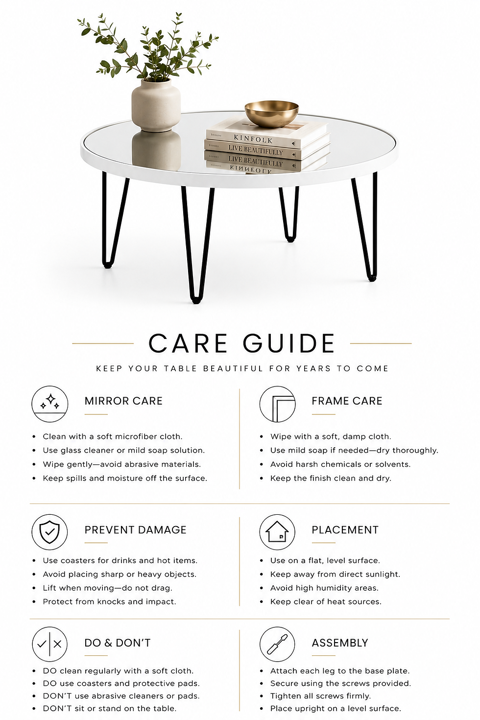 Thumbnail: Round Mirror Coffee Table – White Wooden Frame & Black Hairpin Legs – 70cm
