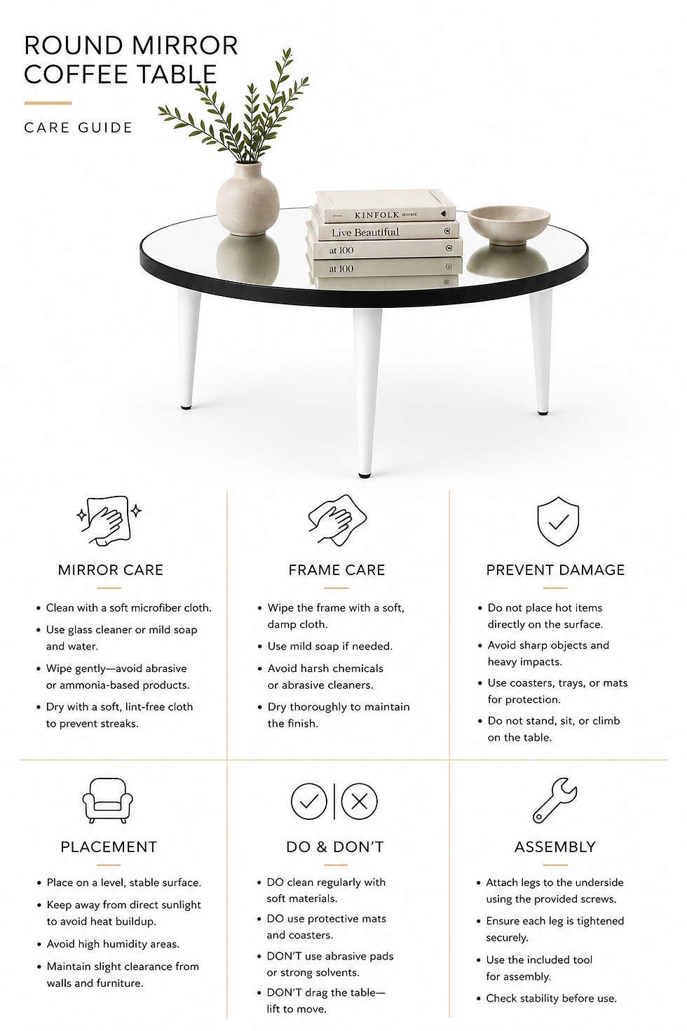 Thumbnail: Round Mirror Coffee Table – Black Aluminium Frame – White Straight Legs