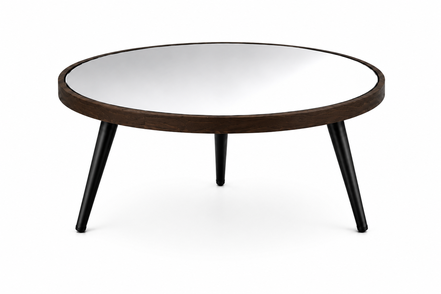 Round Mirror Coffee Table – Dark Walnut Wooden Frame & Black Angled Legs