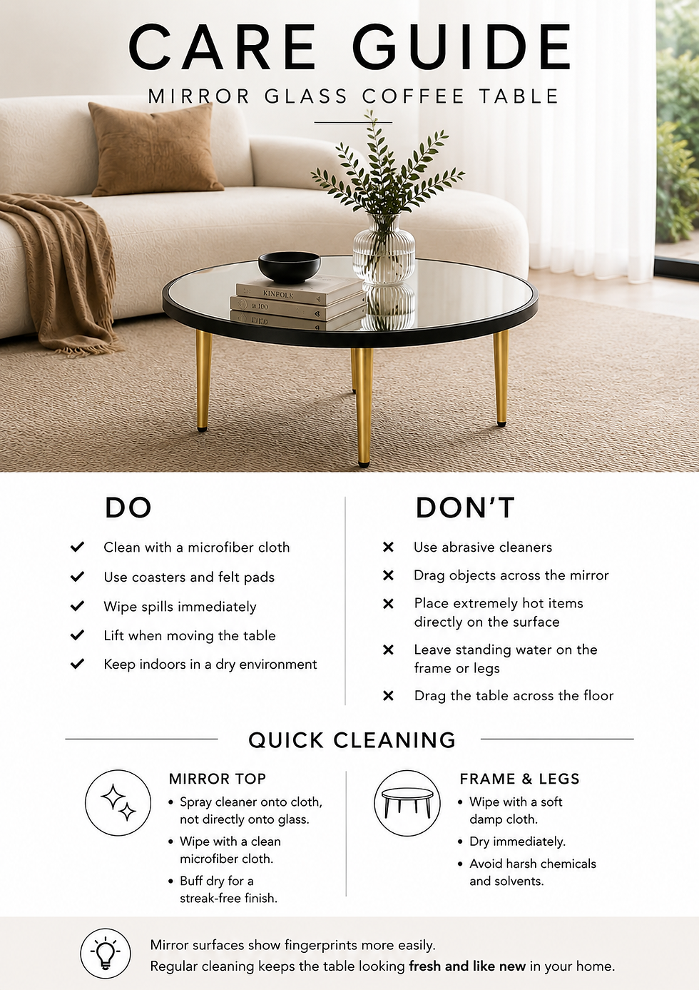 Thumbnail: Round Mirror Coffee Table – Black Aluminium Frame & Gold Steel Legs