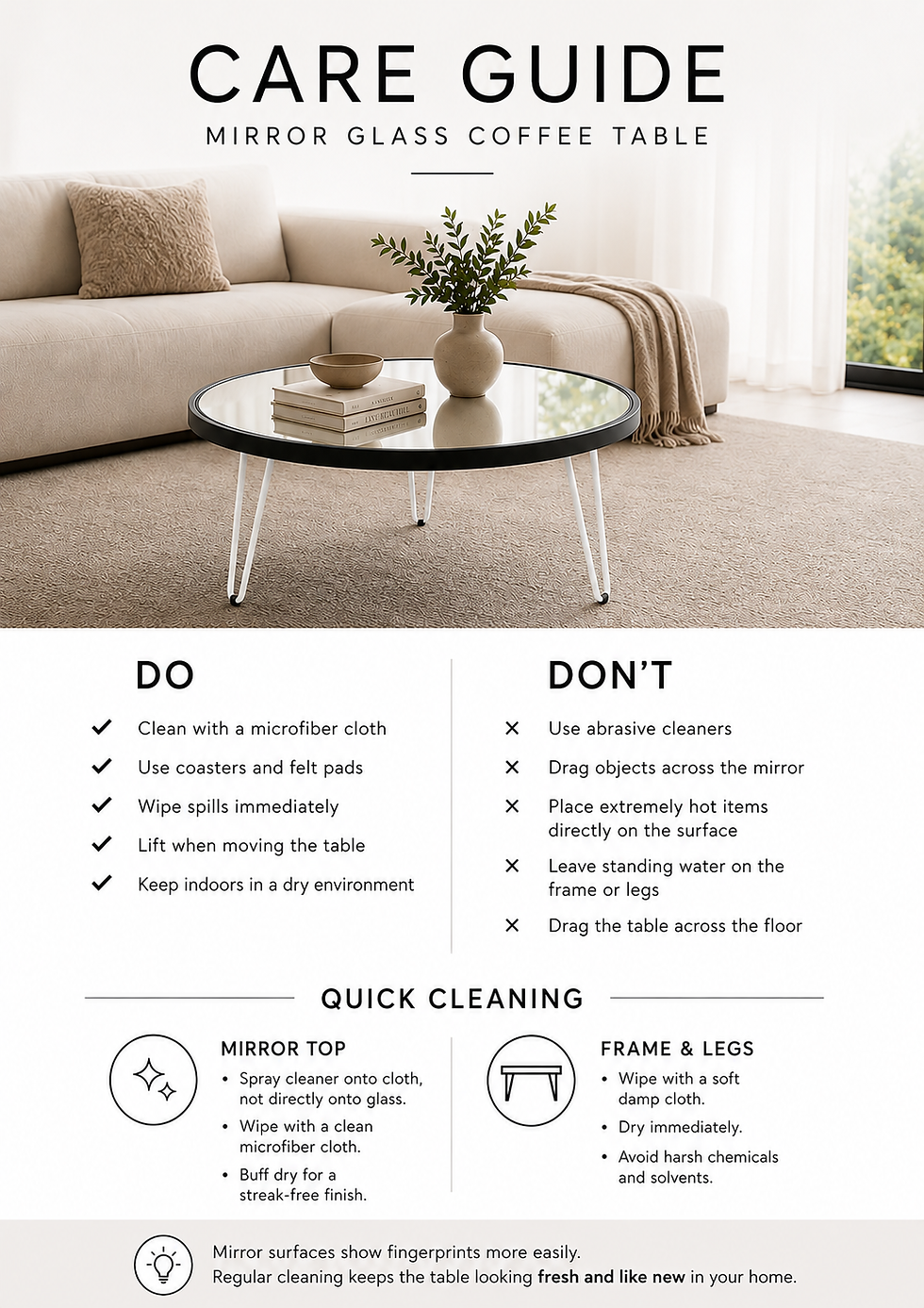 Thumbnail: Round Mirror Coffee Table – Black Aluminium Frame & White Hairpin Legs – 80cm