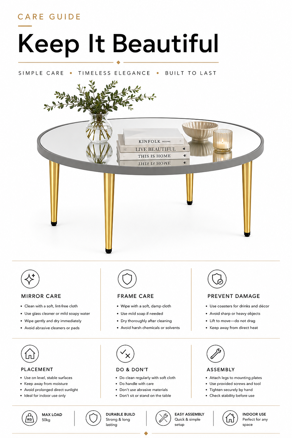Thumbnail: Round Mirror Coffee Table – Grey Wooden Frame & Gold Cone Legs – 70cm