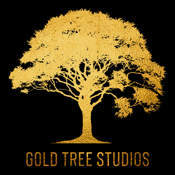 a gold foil tree with the words 'Gold Tree Studios' below