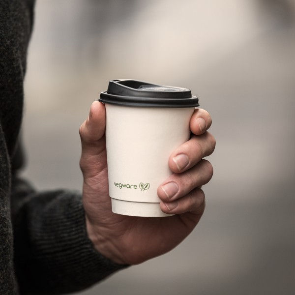 Thumbnail: Hand holding a VEGWARE 8OZ DOUBLE WALL WHITE CUP