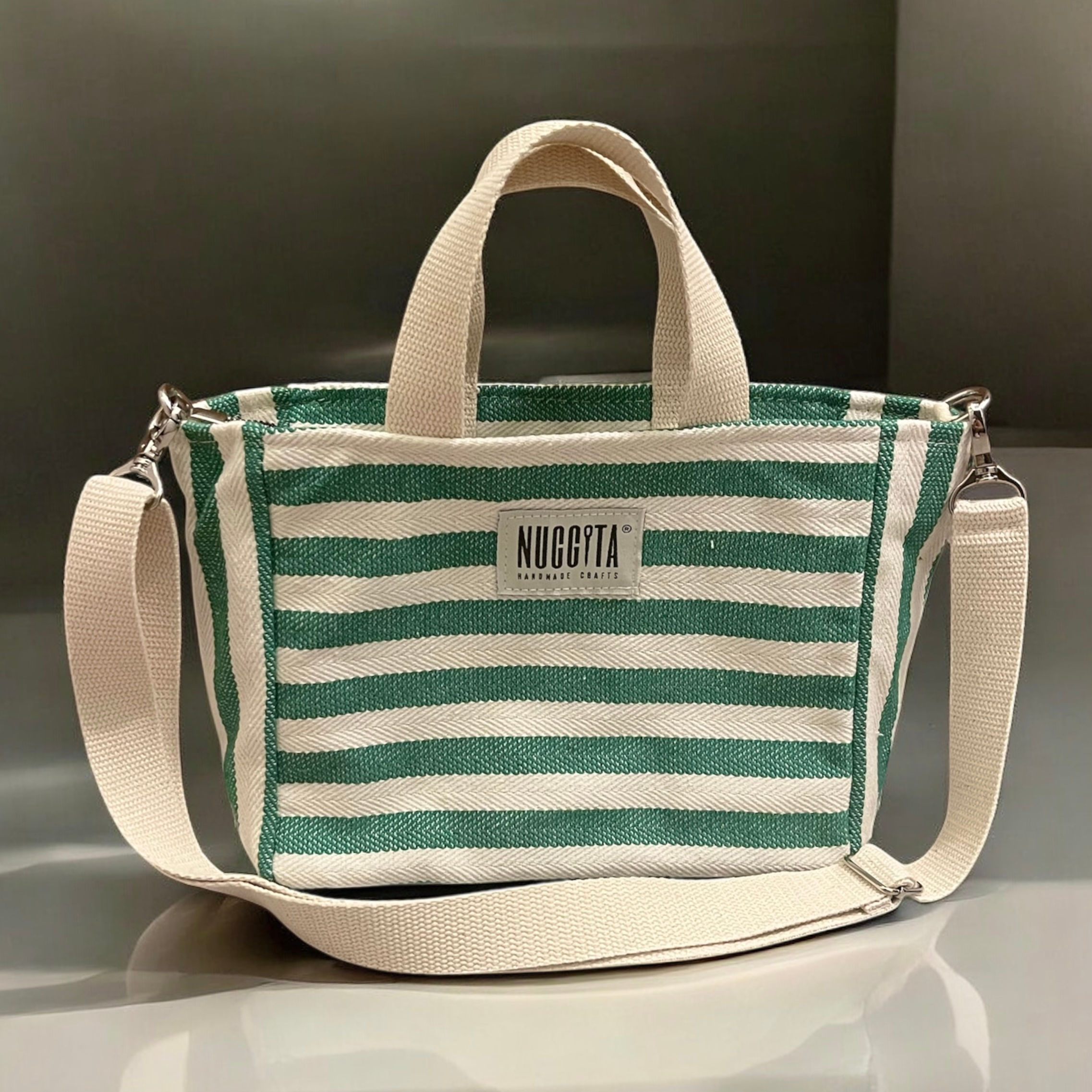Fermuarlı Mini Boy Balıksırtı Çizgili Dokuma El Çantası / Çapraz Askılı- Yeşil