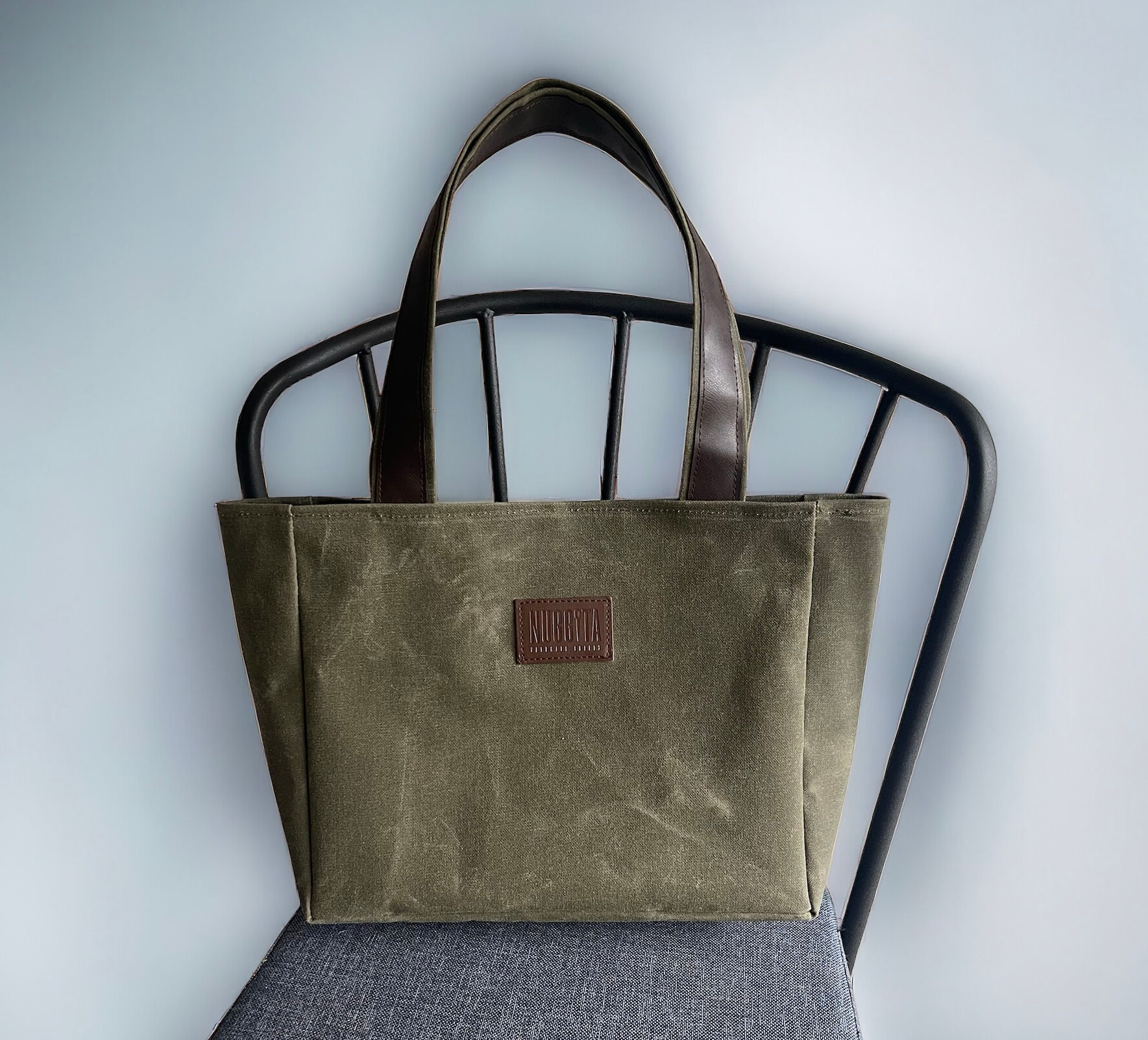 Fermuarlı Orta Boy Mumlu Kanvas Haki (KAHVERENGİ DERİ DETAYLI) Omuz Çantası