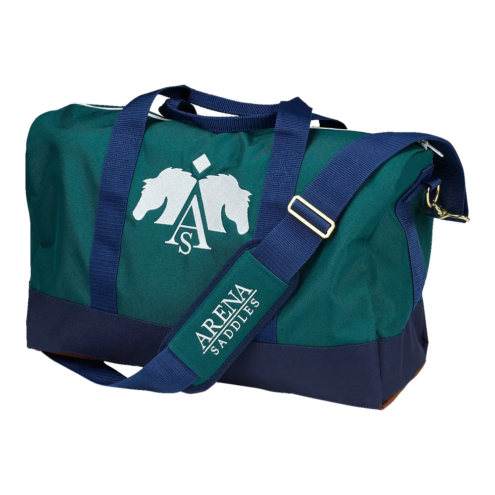 Green And Blue Arena Protective Duffle Bag With White Arena logo And Crest And Brown Leather Base.