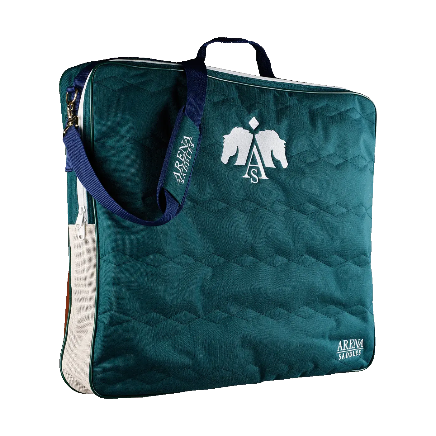 Green, White And Blue Arena Protective Saddle Pad Bag Carryall With White Arena Crest And Logo.