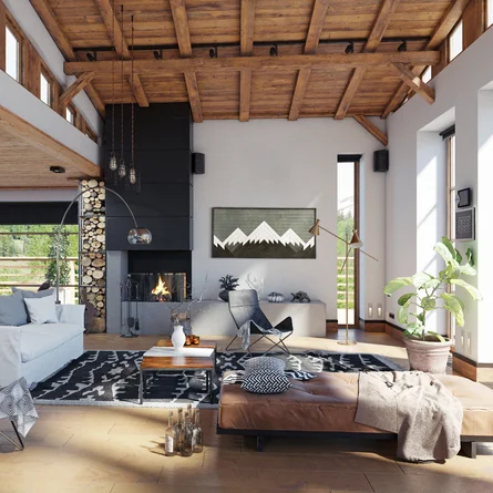 wood ceiling bold abstract wall  home design trends 2023, exposed beams