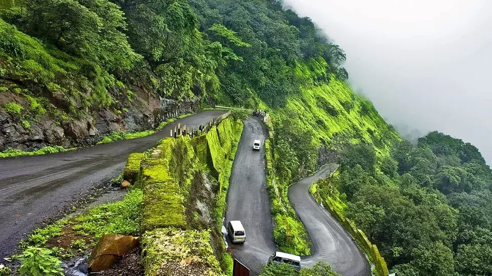 Scenic view of Malshej Ghat’s mountain pass covered in fog