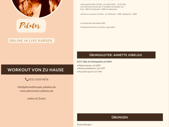 Pilates für Fortgeschrittene in Zoom jeden Mittwochabend 18:00 Uhr