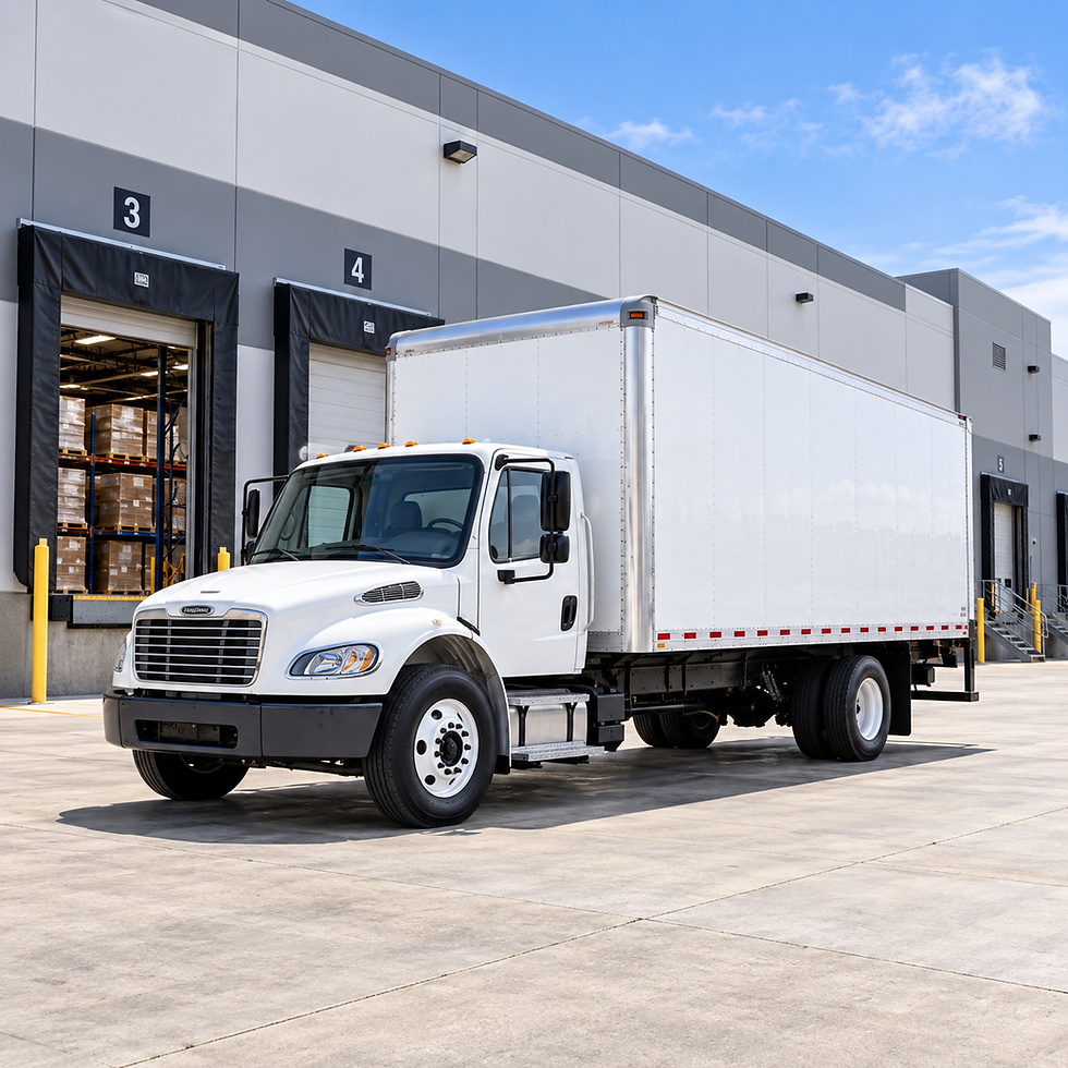 White 26-foot box truck at a commercial warehouse in Sacramento, California