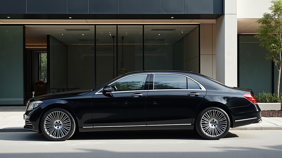 Eye-level view of a luxury black sedan parked in front of a modern building