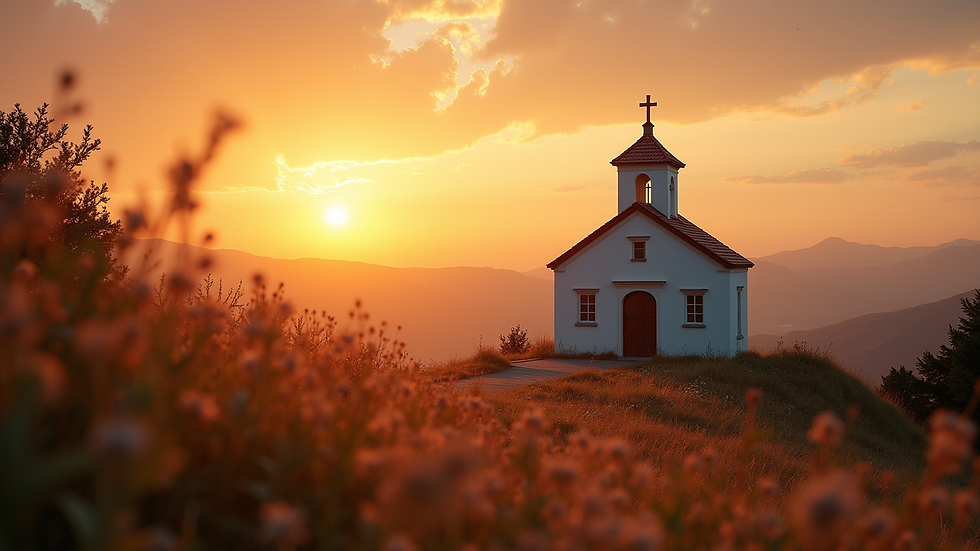 Eye-level view of the Chapel of the Apparitions at sunrise