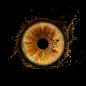 Iris marron intégré dans une création artistique avec effet éclaboussure.