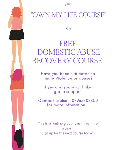 Own My Life Course poster for a free domestic abuse recovery group, with three illustrated women standing on each other