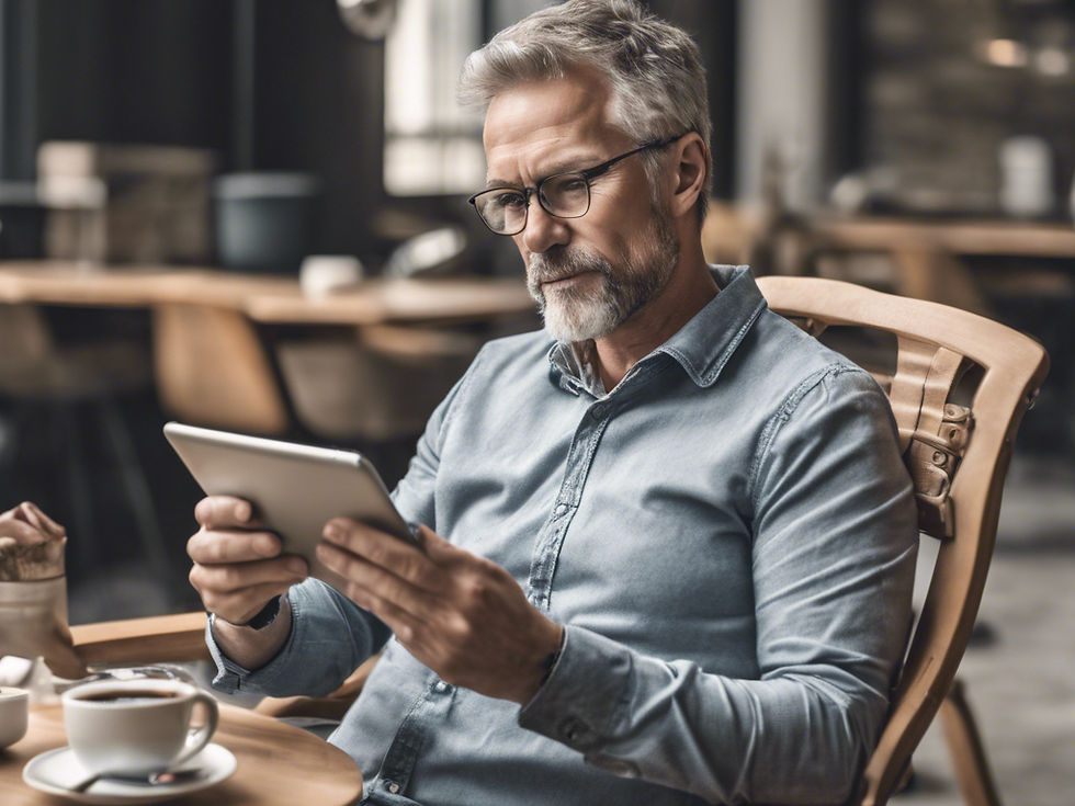 A middle aged white guy sitting in a chair drinking coffee with a tablet..jpg