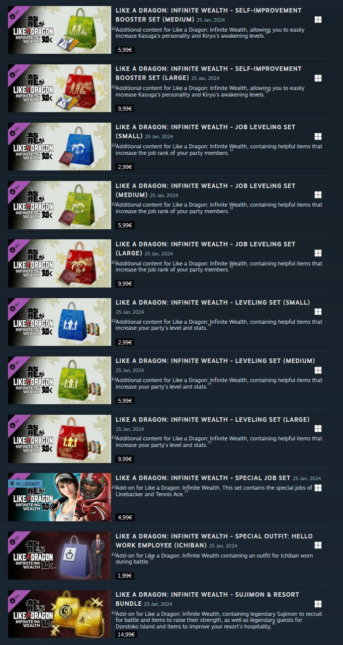 DLC's pagas de Like a Dragon: Infinite Wealth - Fonte: Steam