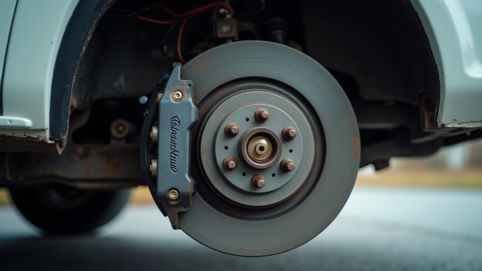 Eye-level view of caravan brake system being inspected
