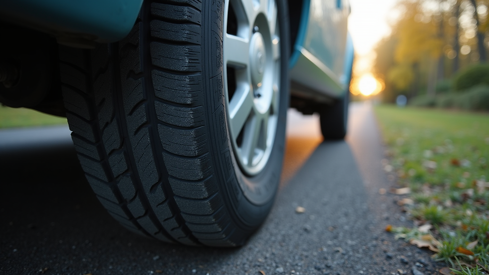 Close-up view of caravan tyre showing tread and sidewall condition