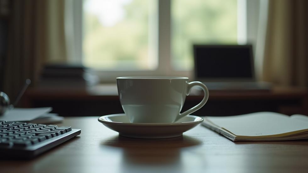 Close-up view of a cluttered desk with a tired person’s coffee cup