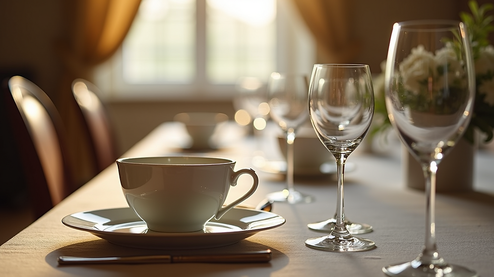 Close-up view of elegant dining table set with fine china and crystal glasses