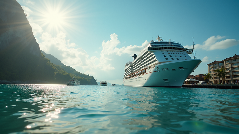 Eye-level view of luxury cruise ship docked at a tropical island port