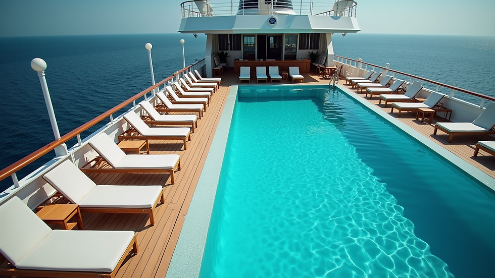 High angle view of luxury cruise ship swimming pool with sun loungers