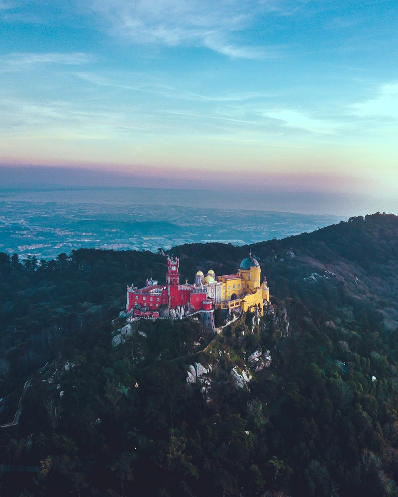 Pena Palace on top of the mountain in Sintra, Portgual