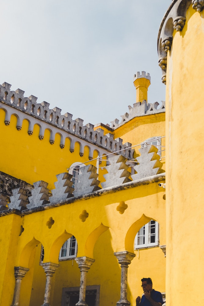 Close up view of the ornate and vivid Pena Palace in Sintra, Portugal