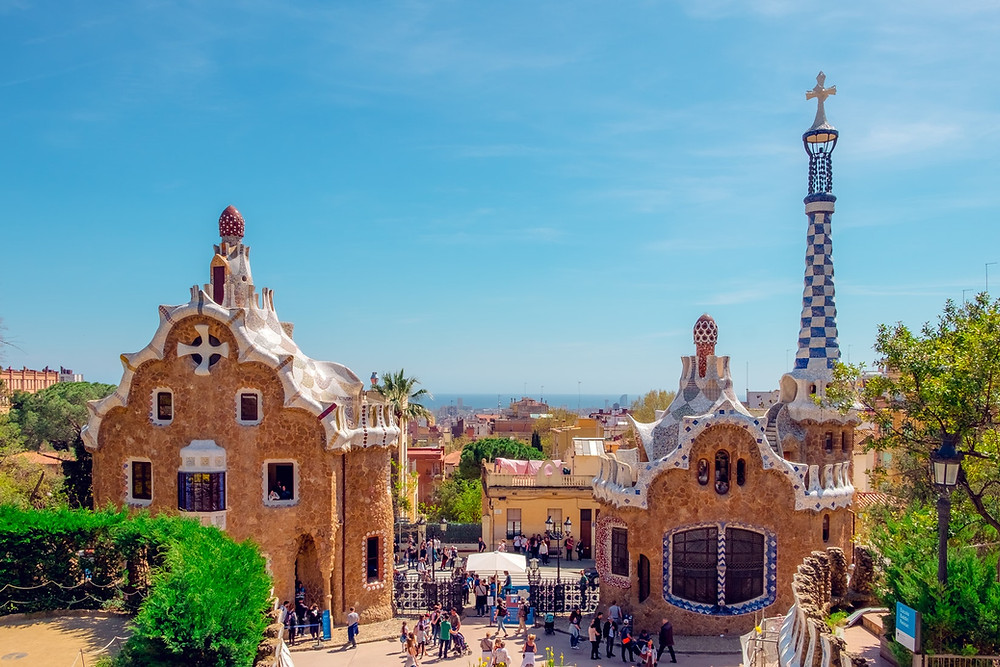 View from the terrace with mosaic seating of Park Güell