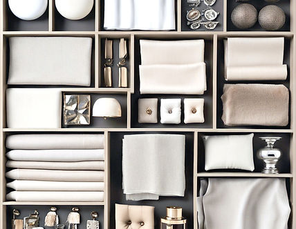 Luxury interior design moodboard tray with different types of neutral luxury fixtures and