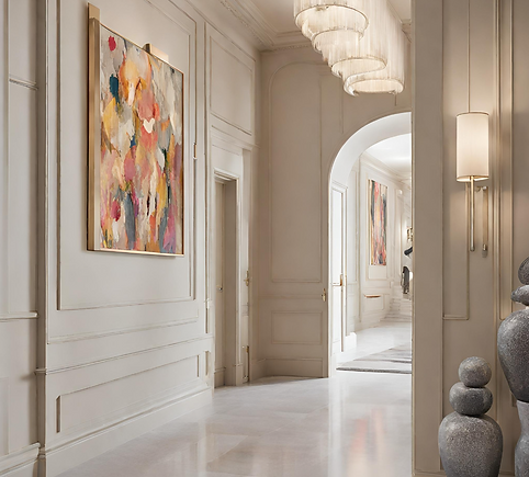 Hallway with cream coloured walls. On left wall there is a multicolour picture frame. On wall there is hanging lamp