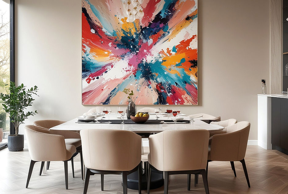 Dinning room with circular chairs. multicoloured abstract painting on the wall. Nude wall colour
