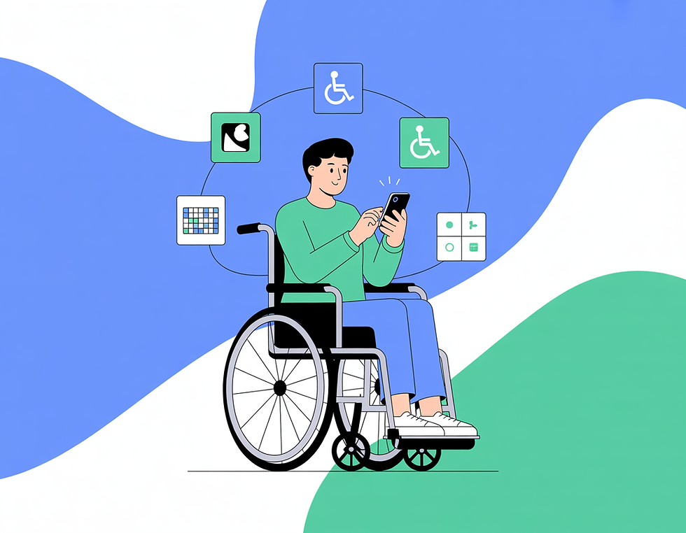 Eine fröhliche Person im Rollstuhl benutzt ein Smartphone. Um das Gerät schweben Symbole für Barrierefreiheit – Kontrastumschaltung, Screenreader und Tastaturnavigation. Im Hintergrund abstrakte Formen in Blau, Grün und Weiß.