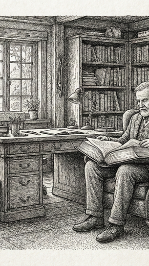 Older man reads a large book in a cozy study filled with wooden furniture, bookshelves, and a fireplace. Window shows snowy landscape.