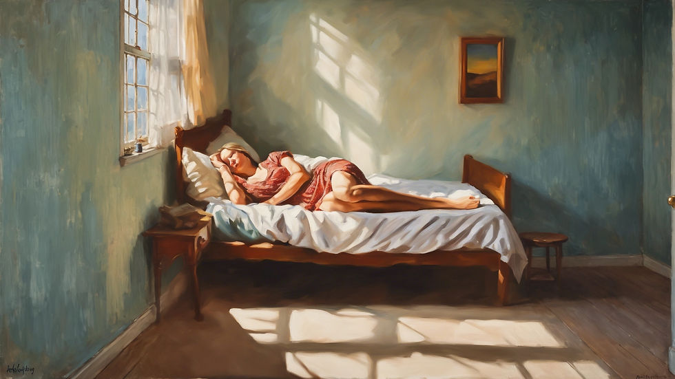 Woman in red dress sleeping on a sunlit bed in a serene room. Light streams through a window, casting soft shadows. Peaceful ambiance.