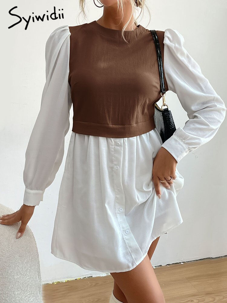 Thumbnail: White Shirt Dresses Casual Office Ladies Elegant Lantern Long Sleeve Mini Dress