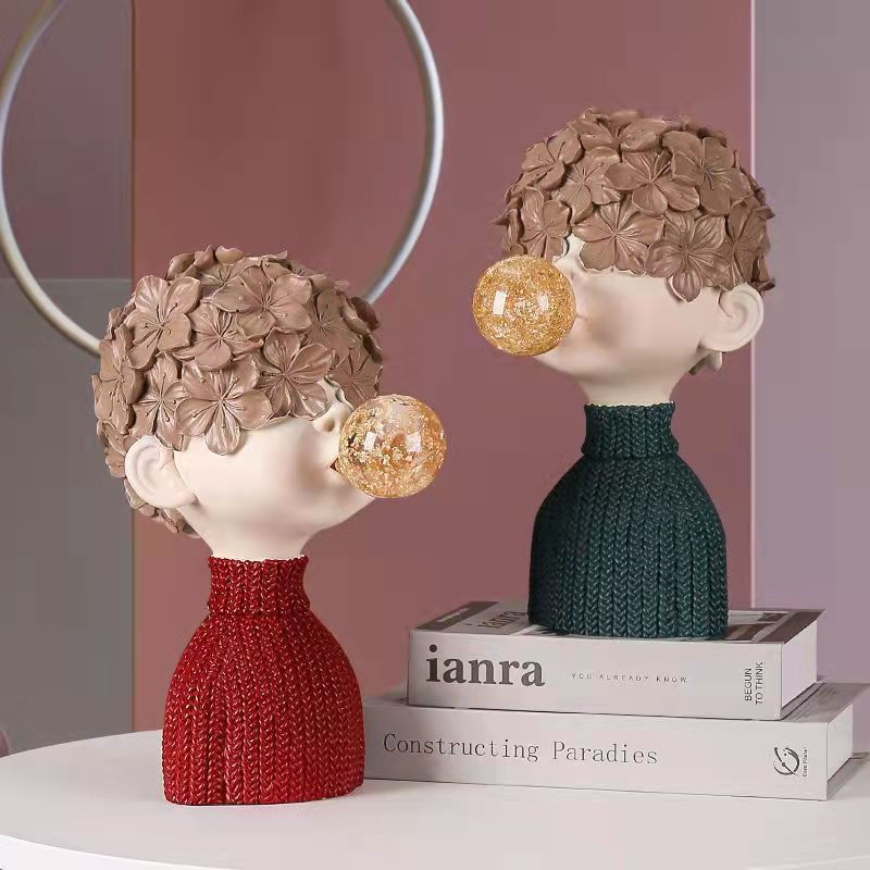 Nordic Modern Crystal Bubble Gum Boy Statue Resin Sculpture Home Decorative Bust
