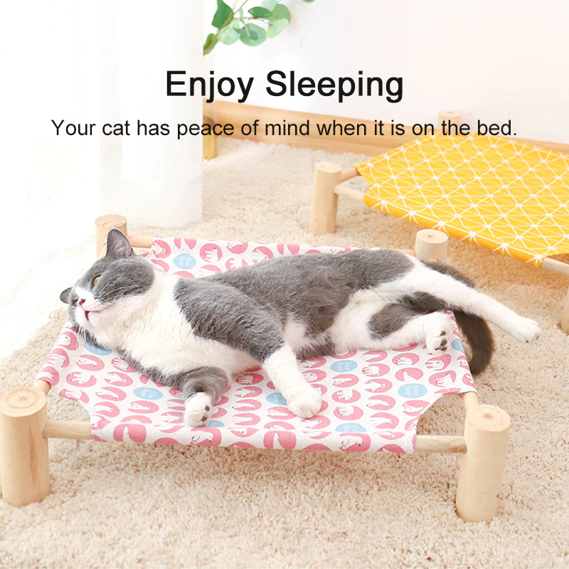 Elevated Cat Bed House Pet Breathable Bed Wood Canvas Pet House Supplies