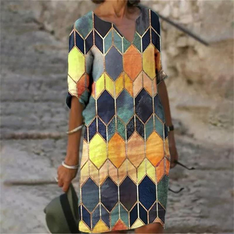 Thumbnail: Women Elegant Geometric Print Midi Half Sleeve V Neck Dress A-line Beach Dress