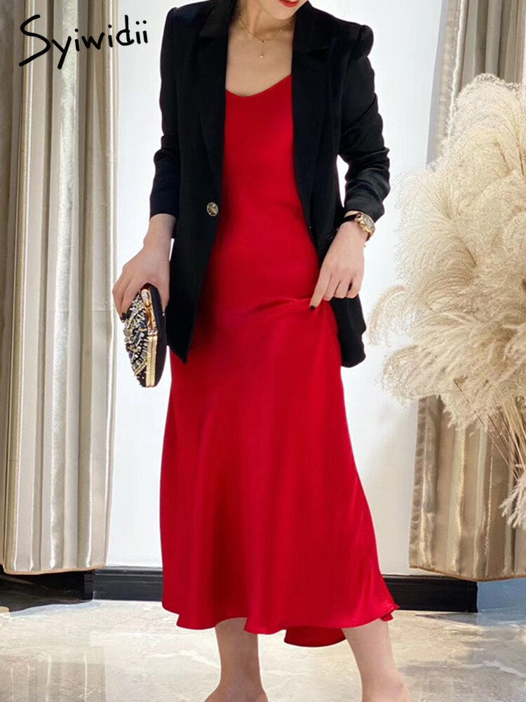 Thumbnail: Midi Silk Dress for Women Party Evening Midi Spaghetti Strap 