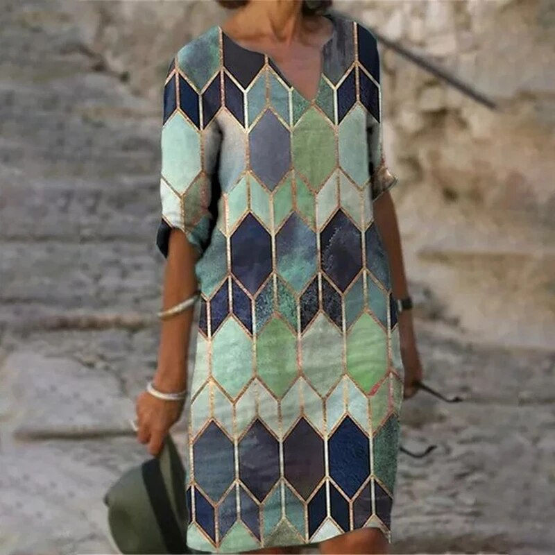 Thumbnail: Women Elegant Geometric Print Midi Half Sleeve V Neck Dress A-line Beach Dress