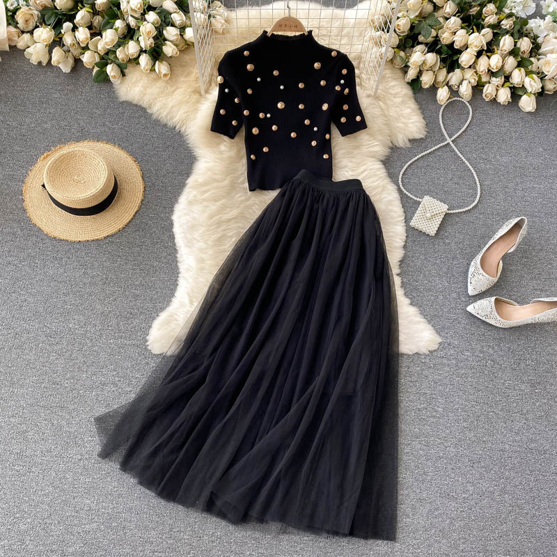 Short-sleeved Sweater Top High Waist Gauze Skirt Women Celebrity Style 2pcs
