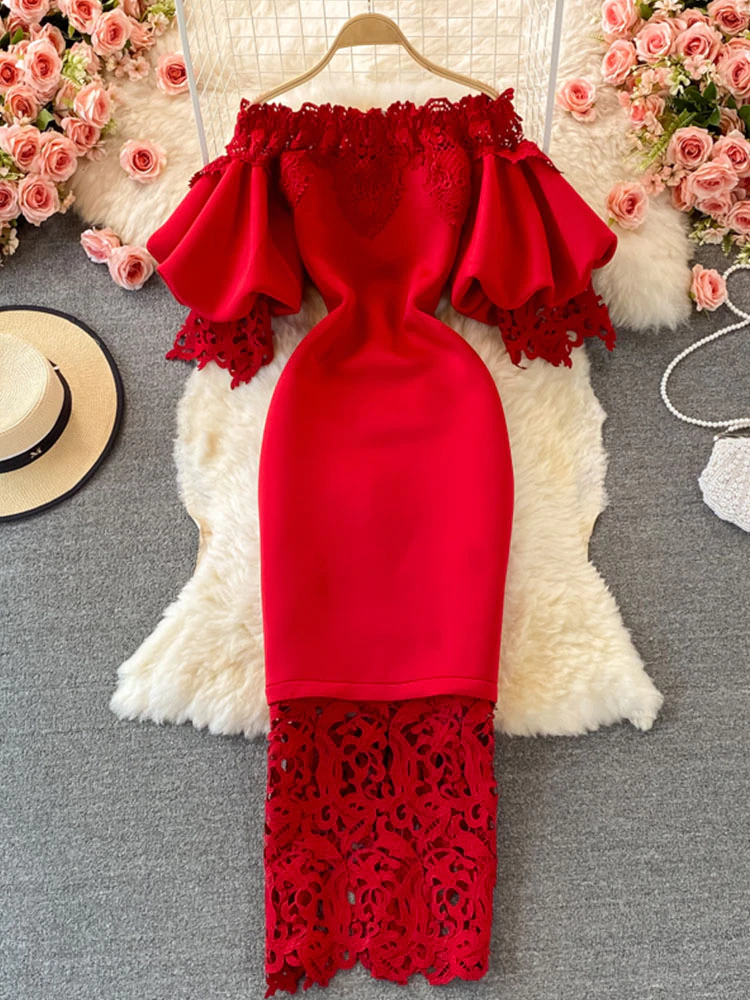 Thumbnail: Off Shoulder Lace Evening Dresses Lantern Short Sleeve WhiteBandage Dress