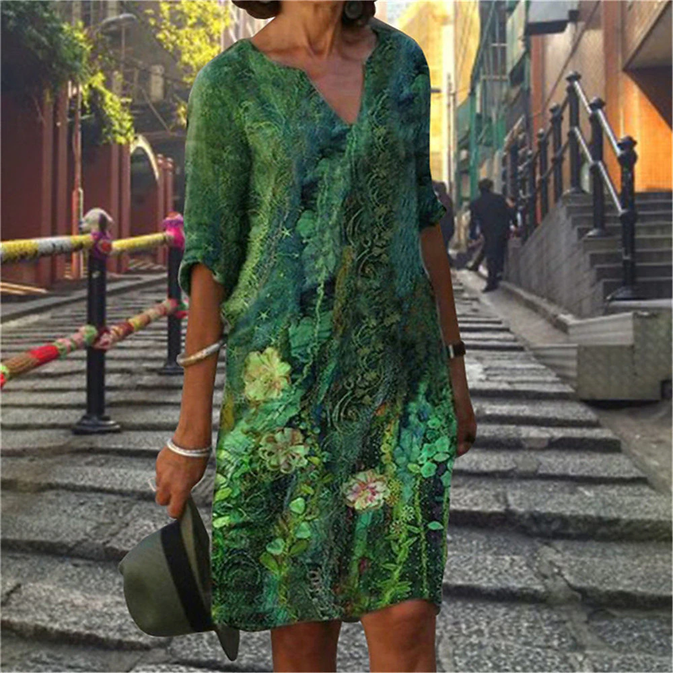 Thumbnail: Women Elegant Geometric Print Midi Half Sleeve V Neck Dress A-line Beach Dress