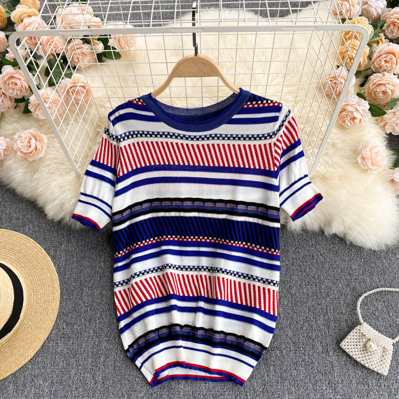 Thumbnail: Women Print Striped Two Piece Set Summer Knitting Short Sleeve Sweater Pullover 
